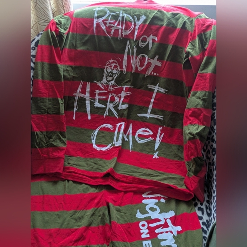 Cakeworthy Nightmare On Elm Street Red and Green Striped Graphic Pajama Set